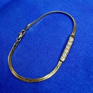 Vintage Goldtone Herringbone Bar Bracelet w/Pave Crystals 7 ½"